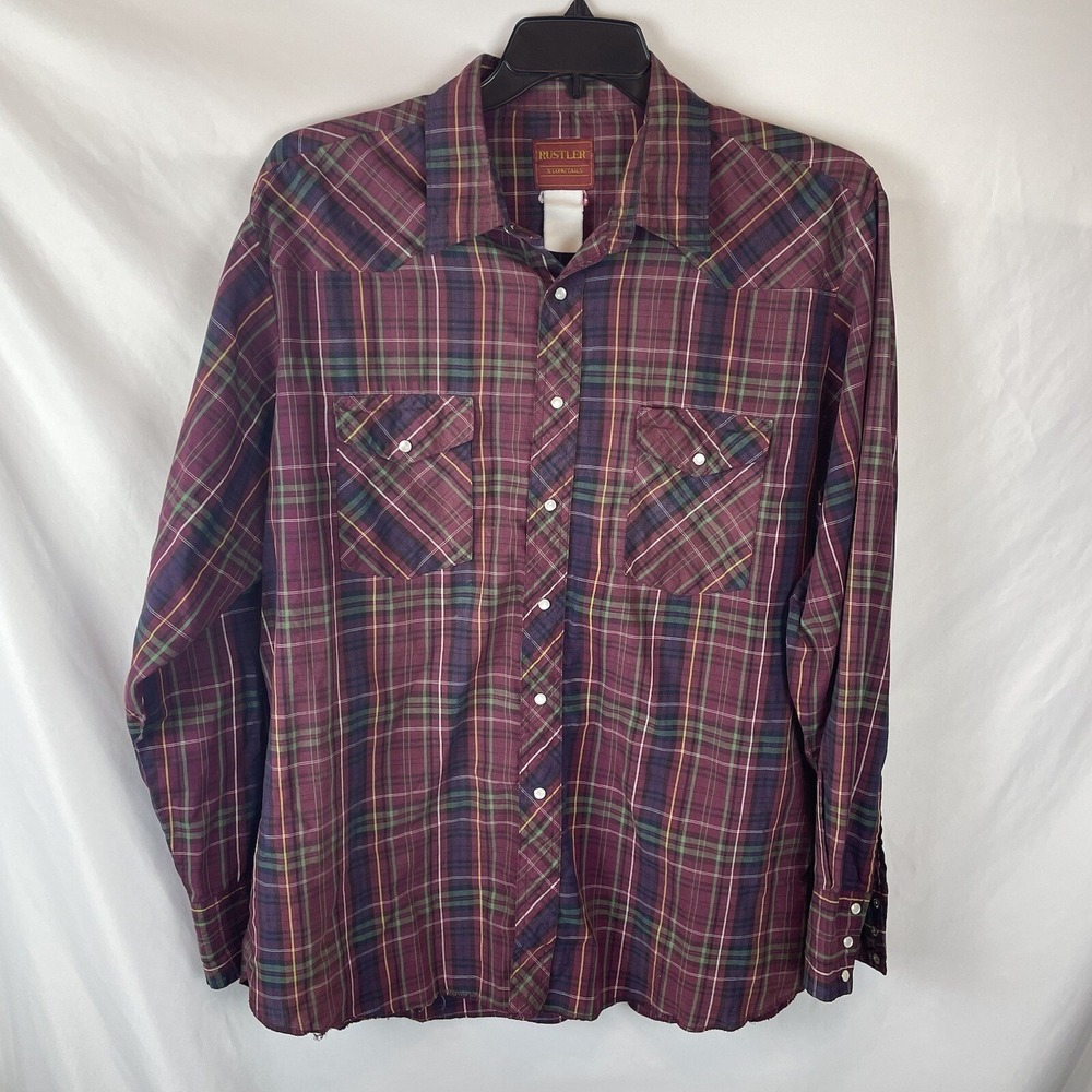 Vtg Mens Rustler Western Pearl Snap Buttons Red Blue Plaid Shirt XL X-Long Tails
